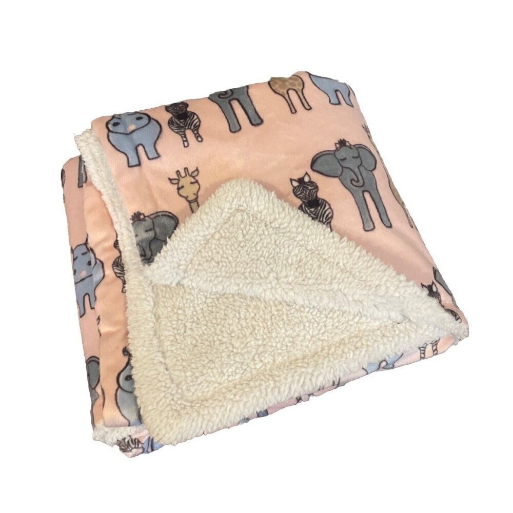 Hudson Baby Pink Sherpa Safari Zoo Animal Blanket Hippo Zebra Giraffe Elephant